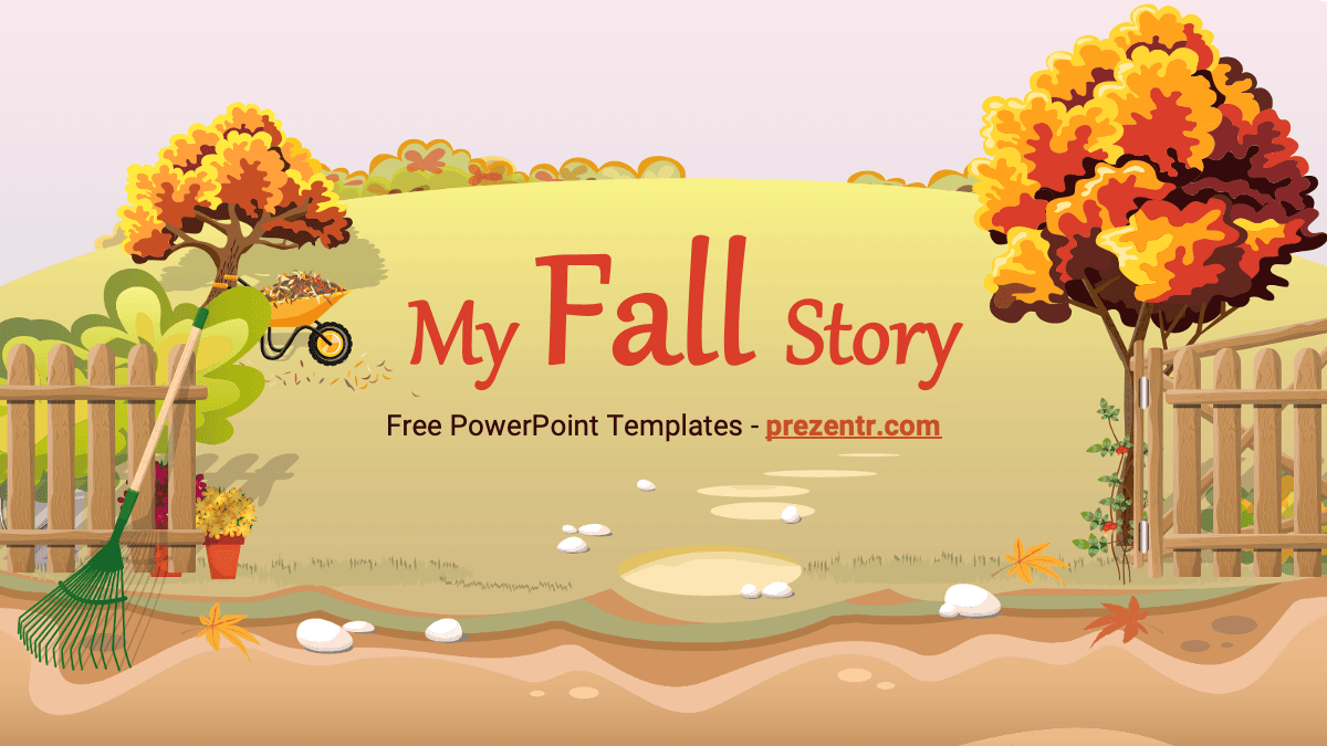 Fall Background PPT Template cover slide with autumn trees, wooden fences, and warm yellow-orange color palette