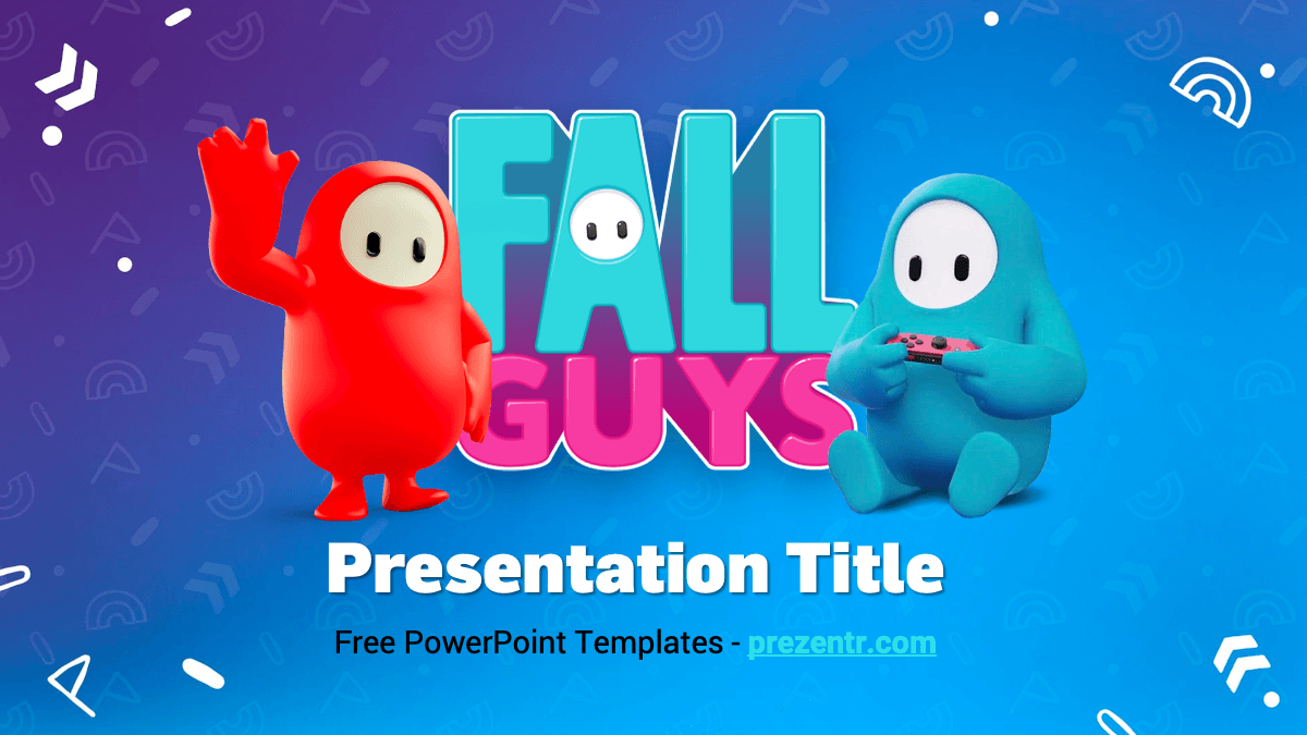 Fall Guys PowerPoint Template cover slide with colorful red and cyan characters on blue gradient background
