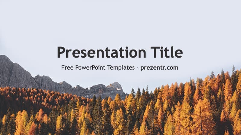 Fall PowerPoint Template cover slide featuring mountains and golden autumn forest landscape with centered text overlay