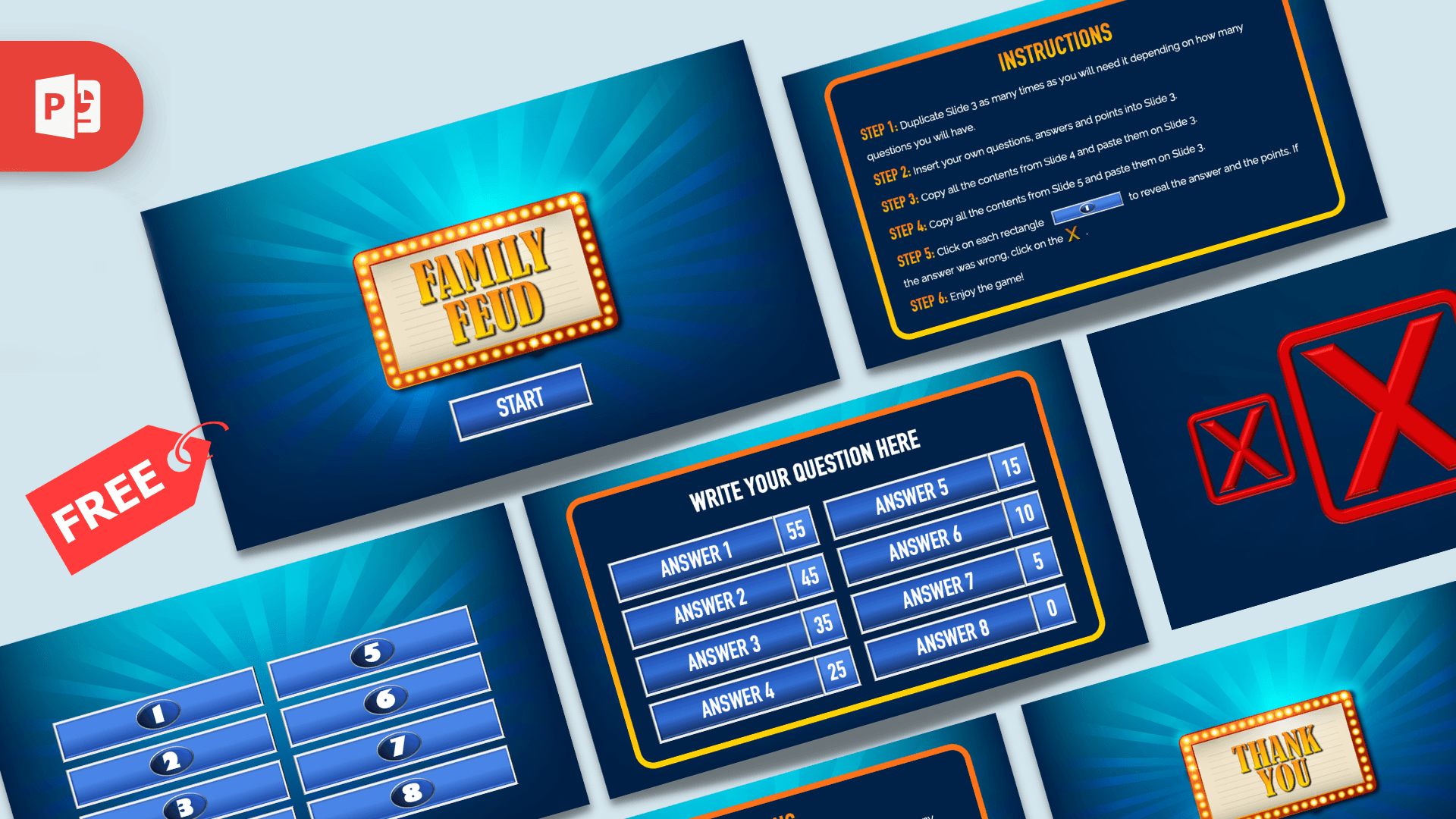 Family Feud PowerPoint Template cover slide with marquee logo, blue gradient background, and game show design