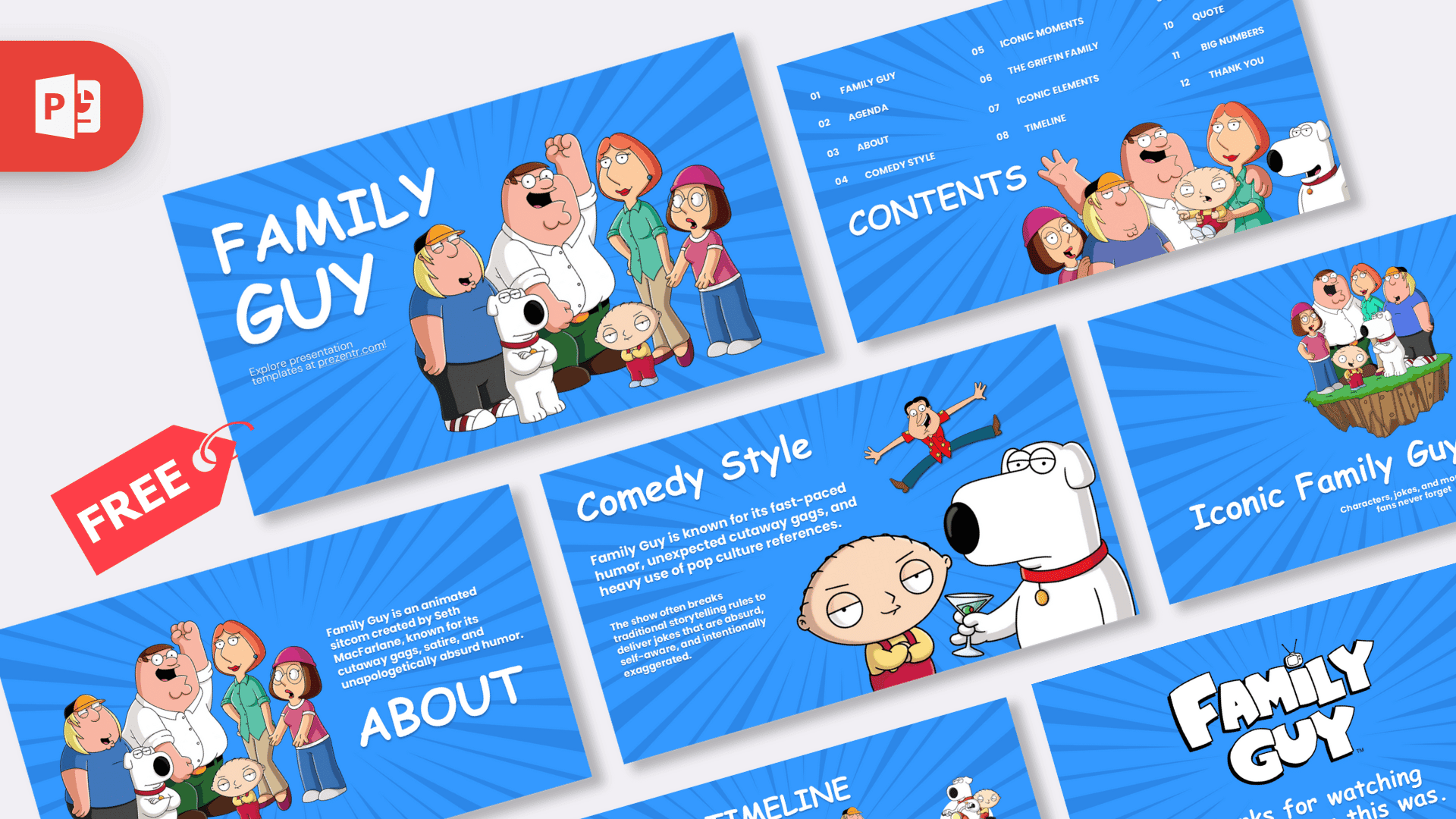 Family Guy PowerPoint template cover slide with blue background and animated characters