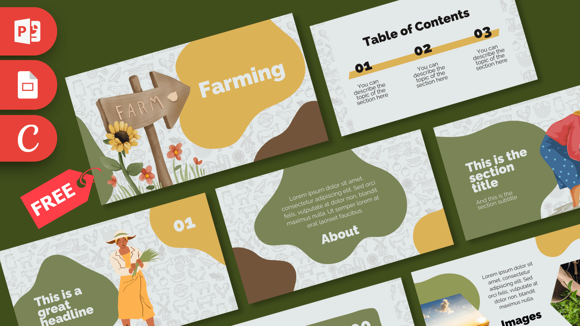Farming PowerPoint template cover slide with wooden farm sign, sunflower, and green earth-tone design