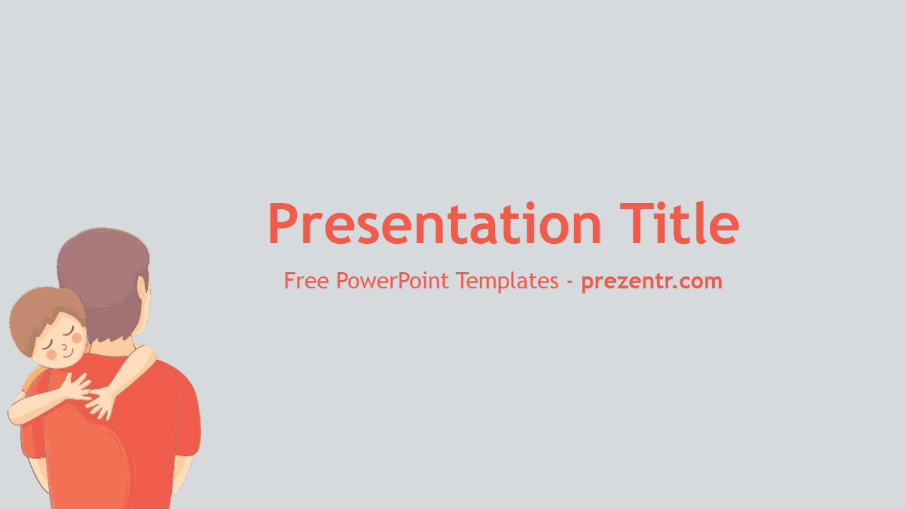 Father's Day PowerPoint template cover slide with illustration of man holding child in red shirt on light gray background