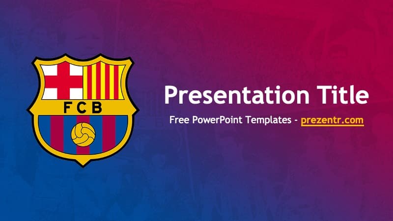 FC Barcelona PowerPoint Template cover slide with team crest logo, blue-to-red gradient background