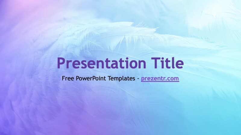 Feather PowerPoint Template cover slide with purple-to-blue gradient background and white feather design