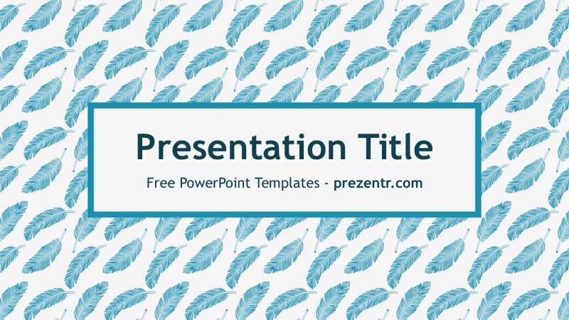 Feather Pattern PowerPoint Template cover slide with teal feather motifs on light background and centered title box