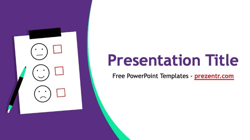 Feedback PowerPoint Template cover slide with purple background, survey checklist graphic, and smiley face icons