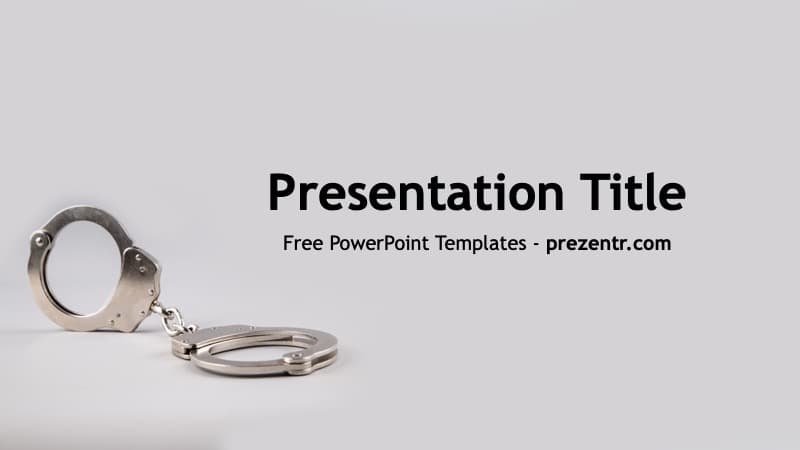 Open handcuffs on white background with "Presentation Title" text for Felony PowerPoint Template cover slide