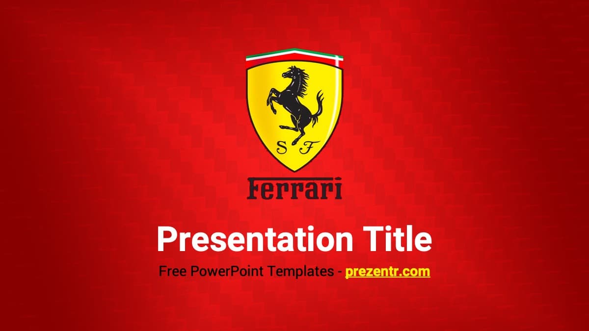 Ferrari PowerPoint Template cover slide with red background, yellow shield logo, and black prancing horse emblem