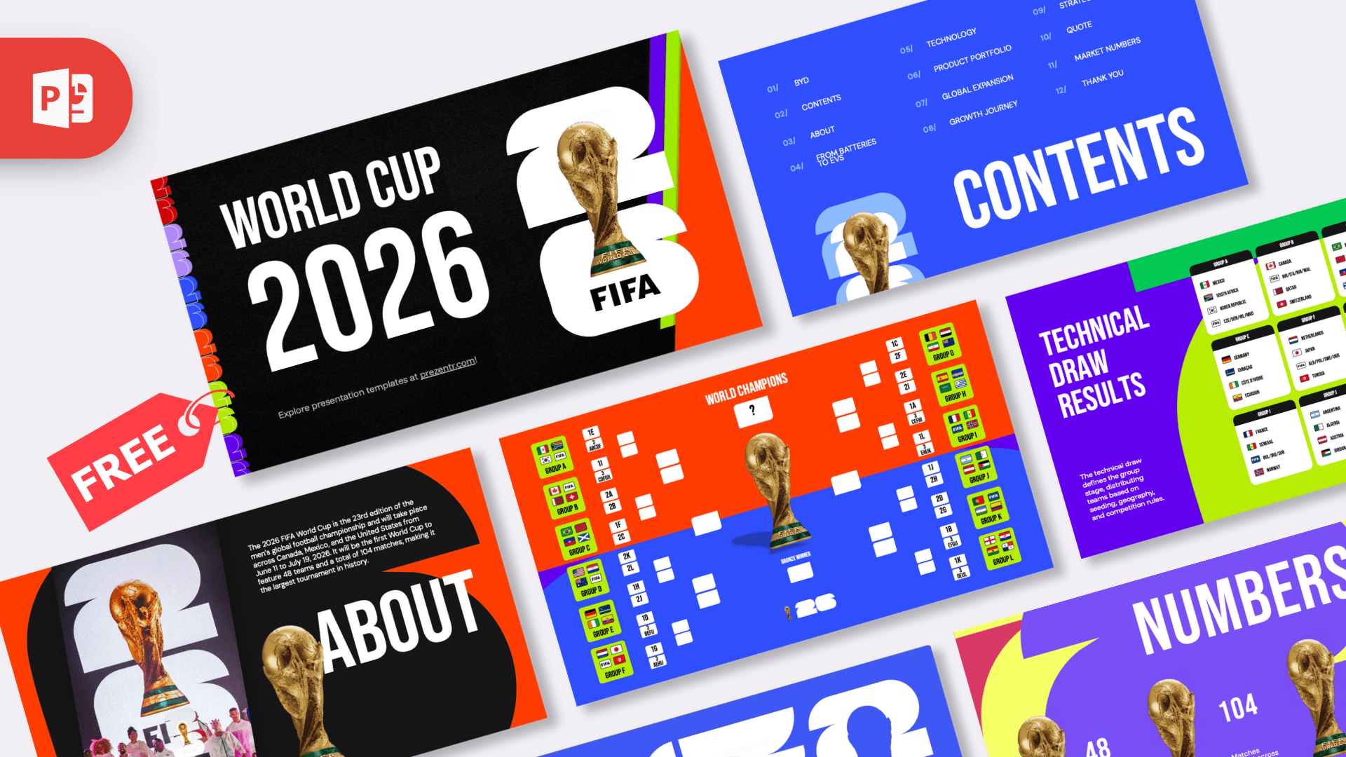 FIFA World Cup 2026 PowerPoint template cover with golden trophy on black and colorful rainbow striped background