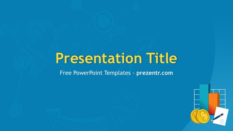 Financial Services PowerPoint Template cover slide with blue background, yellow title text, and business financial icons