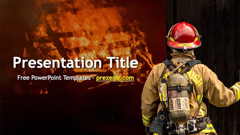 Firefighter PowerPoint Template cover slide with firefighter in gear against blazing fire background, tan text overlay