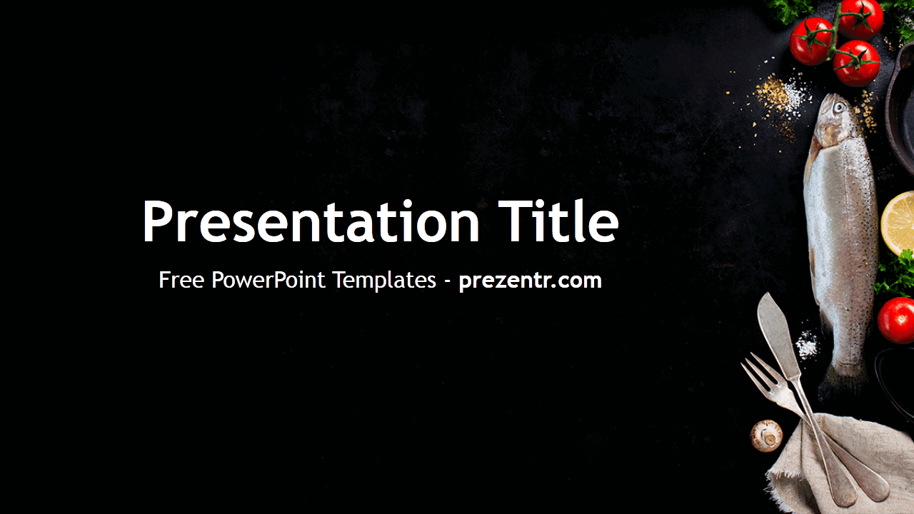 Fish PowerPoint Template cover slide with fresh fish, tomatoes, and utensils on dark background