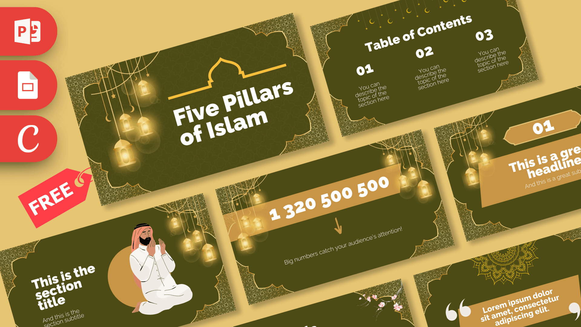 Five Pillars of Islam template cover slide with green and gold Islamic design elements