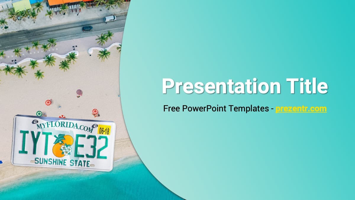 Florida PowerPoint Template cover slide featuring turquoise ocean, beach scene, and license plate overlay