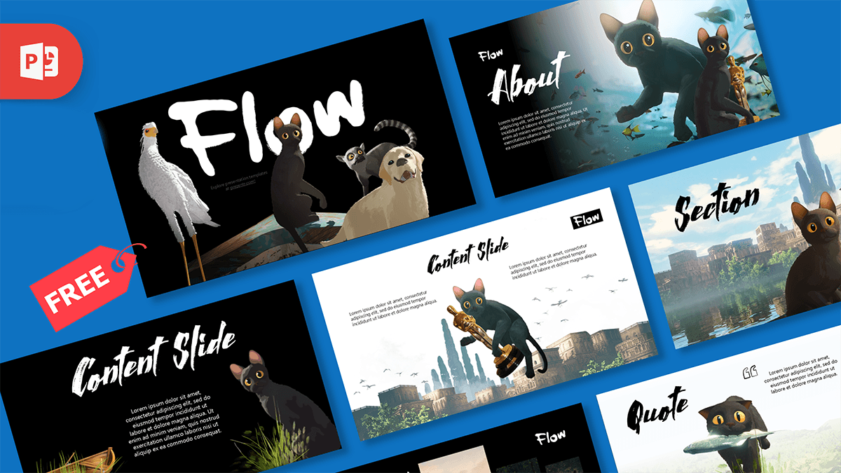 Flow Movie PowerPoint template cover with black cat and blue gradient background design