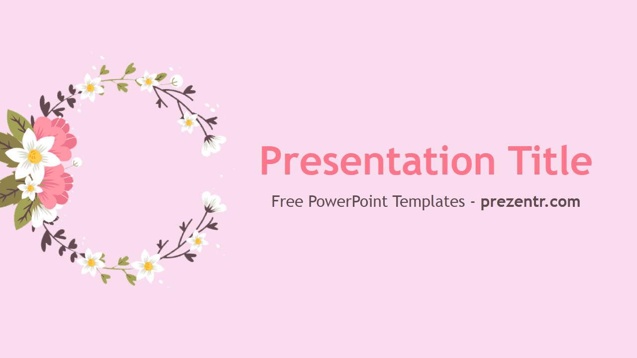 Flowers PowerPoint Template cover slide with pink background and floral wreath decoration