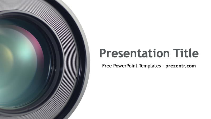 Focus PowerPoint Template cover slide with camera lens and white background layout