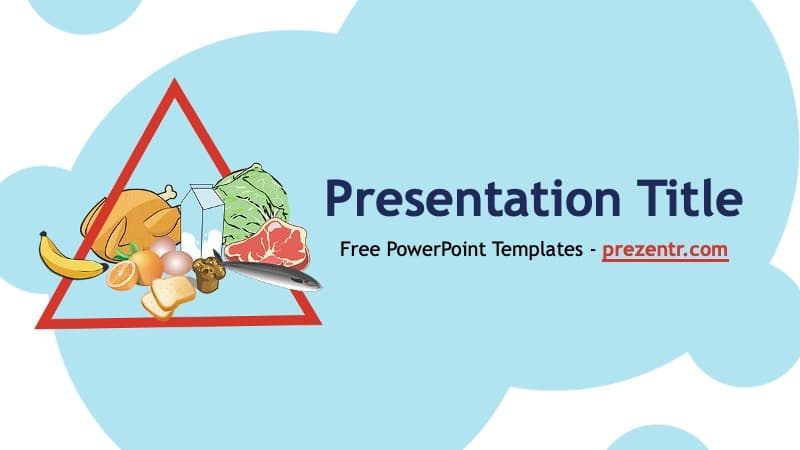 Food Safety PowerPoint Template cover slide with red triangle, fresh produce icons, and light blue cloud background
