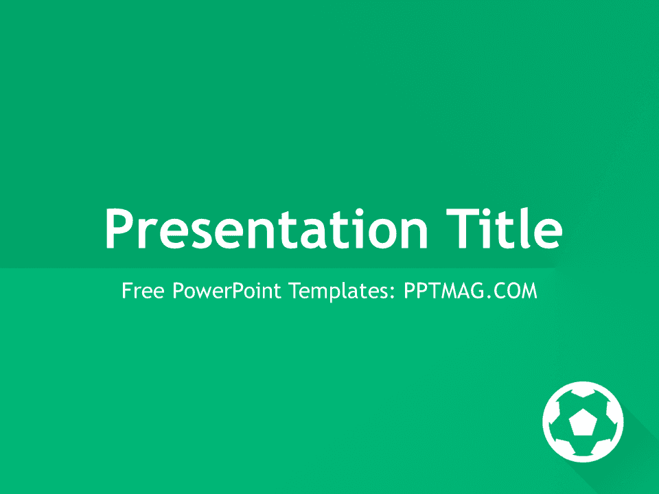 Green Football PowerPoint Template cover slide with white title text, subtitle, and soccer ball icon in bottom right corner