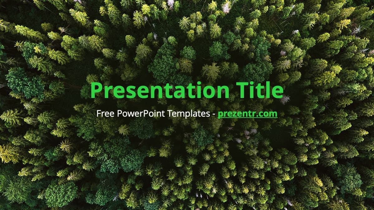 Aerial forest view with dense green trees, bright title text overlay, Forest PowerPoint Template cover slide