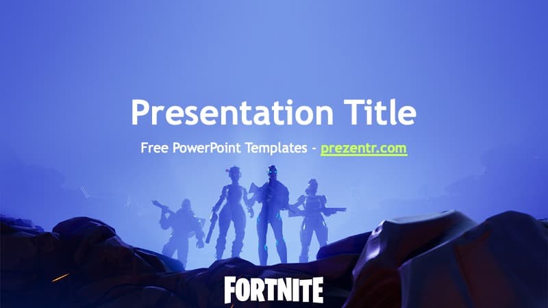Fortnite PowerPoint Template cover slide with silhouetted characters against blue gradient background and rocky terrain