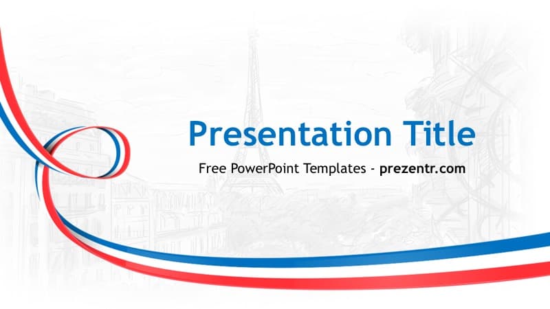France PowerPoint Template cover slide with red and blue curved lines and faded architectural background