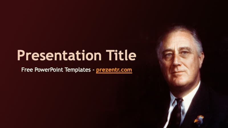 Dark maroon background with FDR portrait on right, cream text reading "Presentation Title" and prezentr.com watermark on left