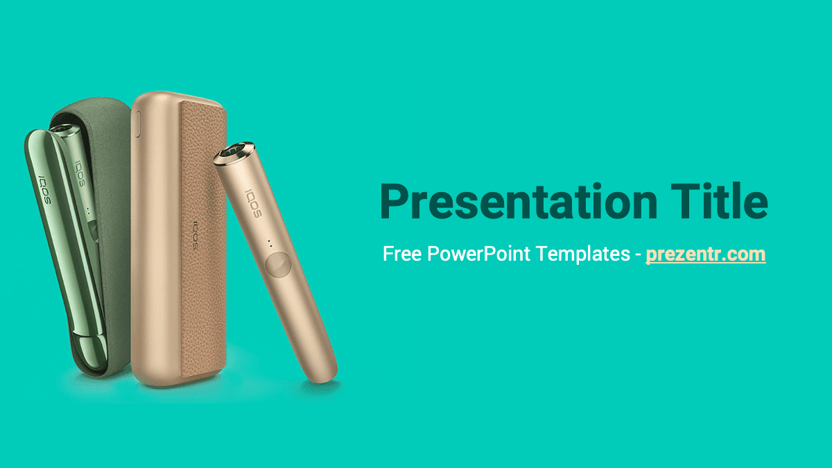 Free IQOS PowerPoint template cover slide with turquoise background and product devices