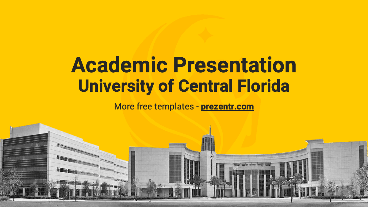 Free UCF PowerPoint template cover slide with yellow background and campus building architecture