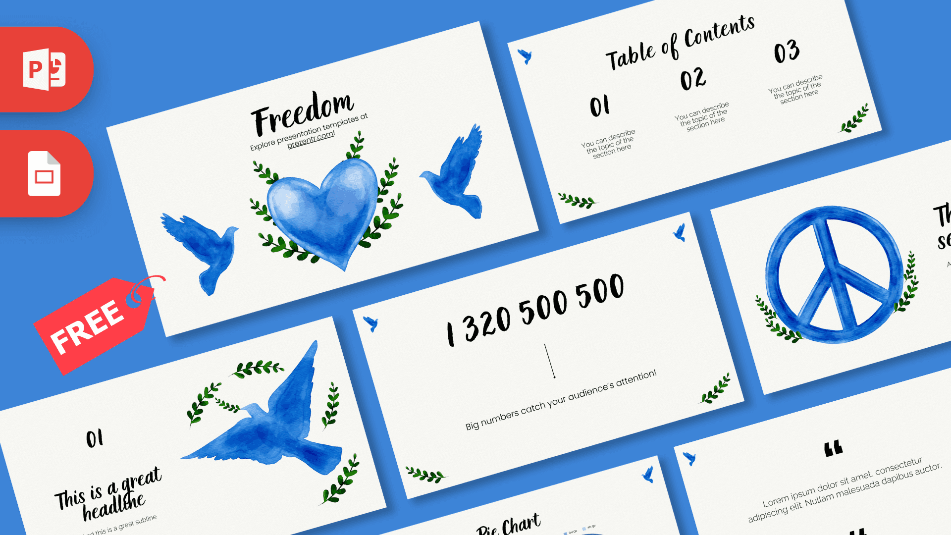 Freedom PowerPoint template cover slide with blue doves, heart, and peace symbol on white background