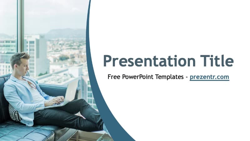Man working on laptop by office window in Freelancer PowerPoint Template with modern dark blue curved design