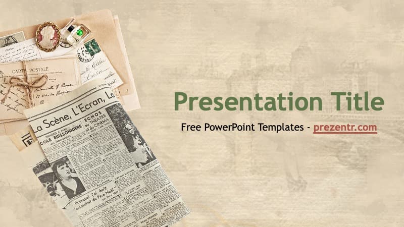 French PowerPoint Template cover slide with vintage postcards, newspapers, and beige aesthetic