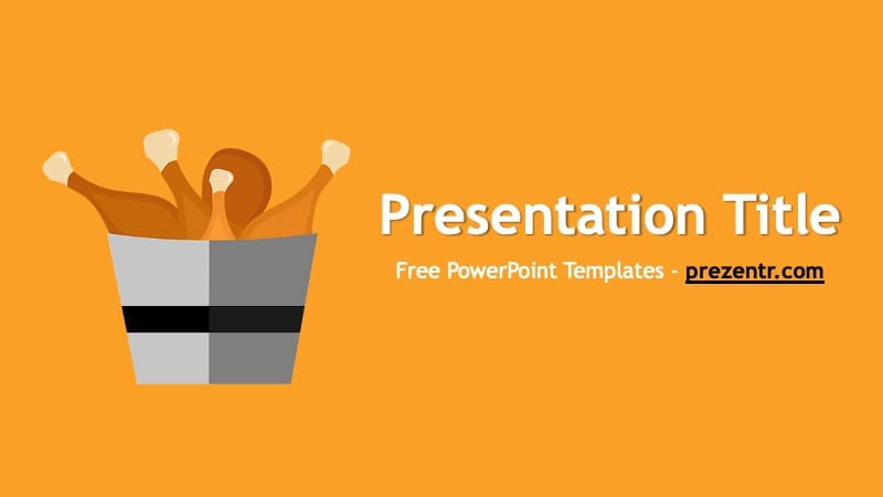 Fried Chicken PowerPoint Template cover slide with orange background and bucket of chicken illustration