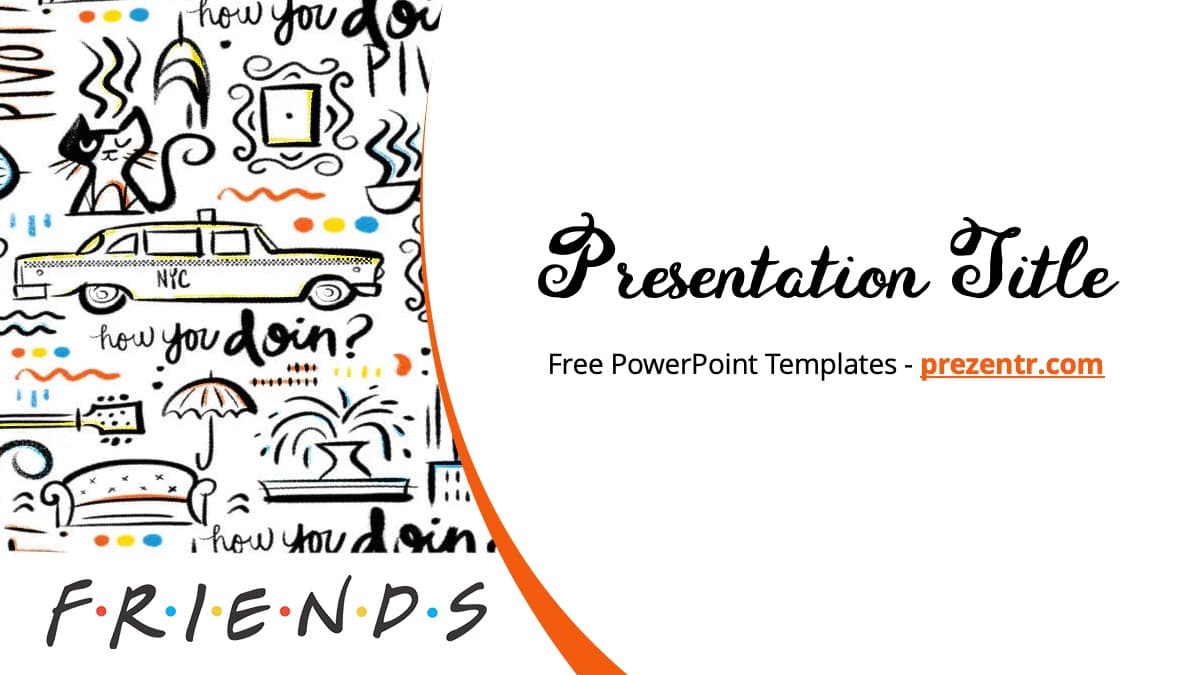 Friends PowerPoint Template cover slide with hand-drawn doodles, orange curved border, and colorful icons on white background