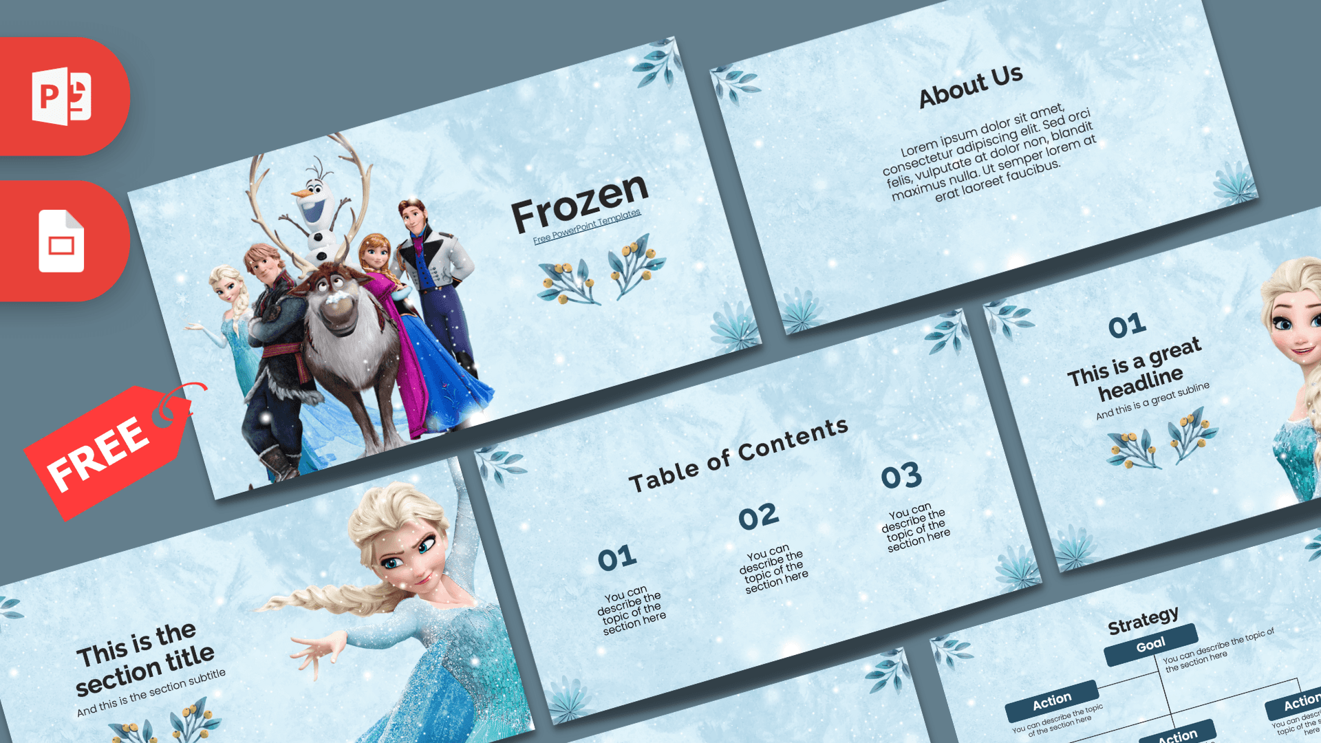 Frozen PowerPoint template cover slide with blue winter theme and Disney characters