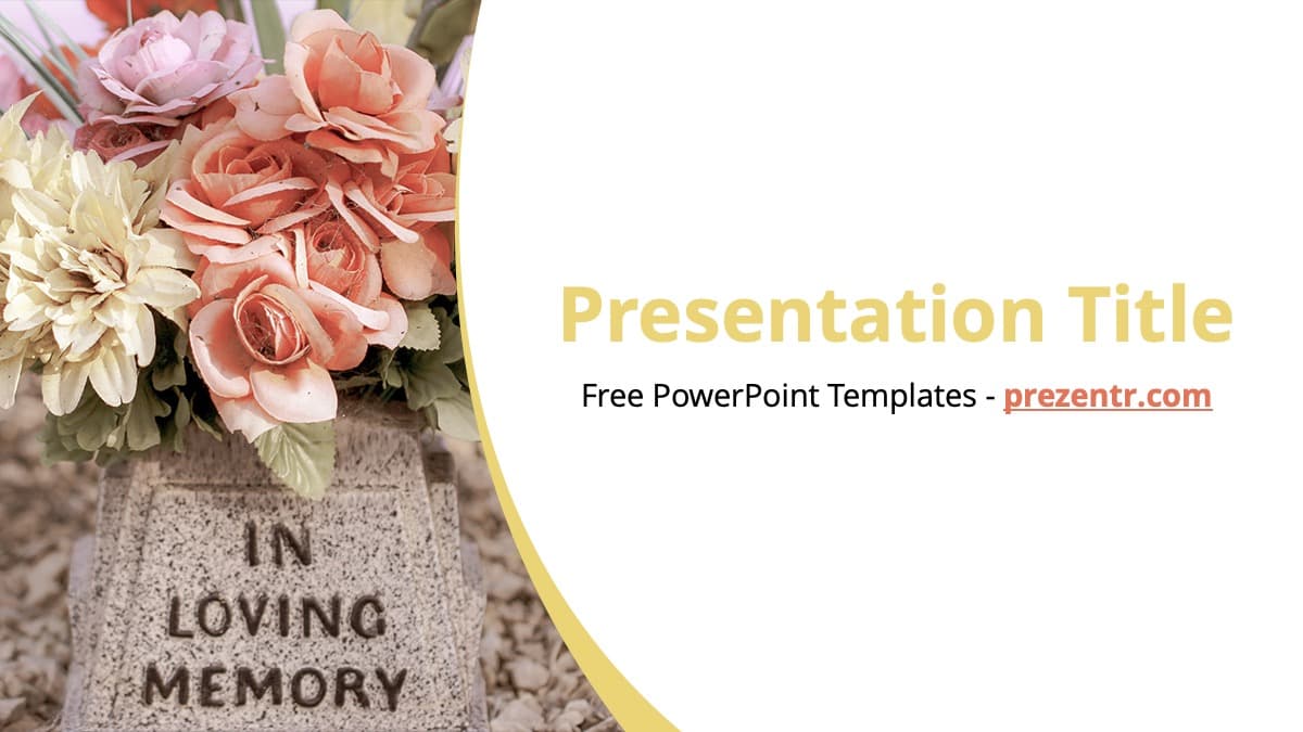 Funeral PowerPoint Template cover slide with pink roses, stone memorial plaque, gold curved border