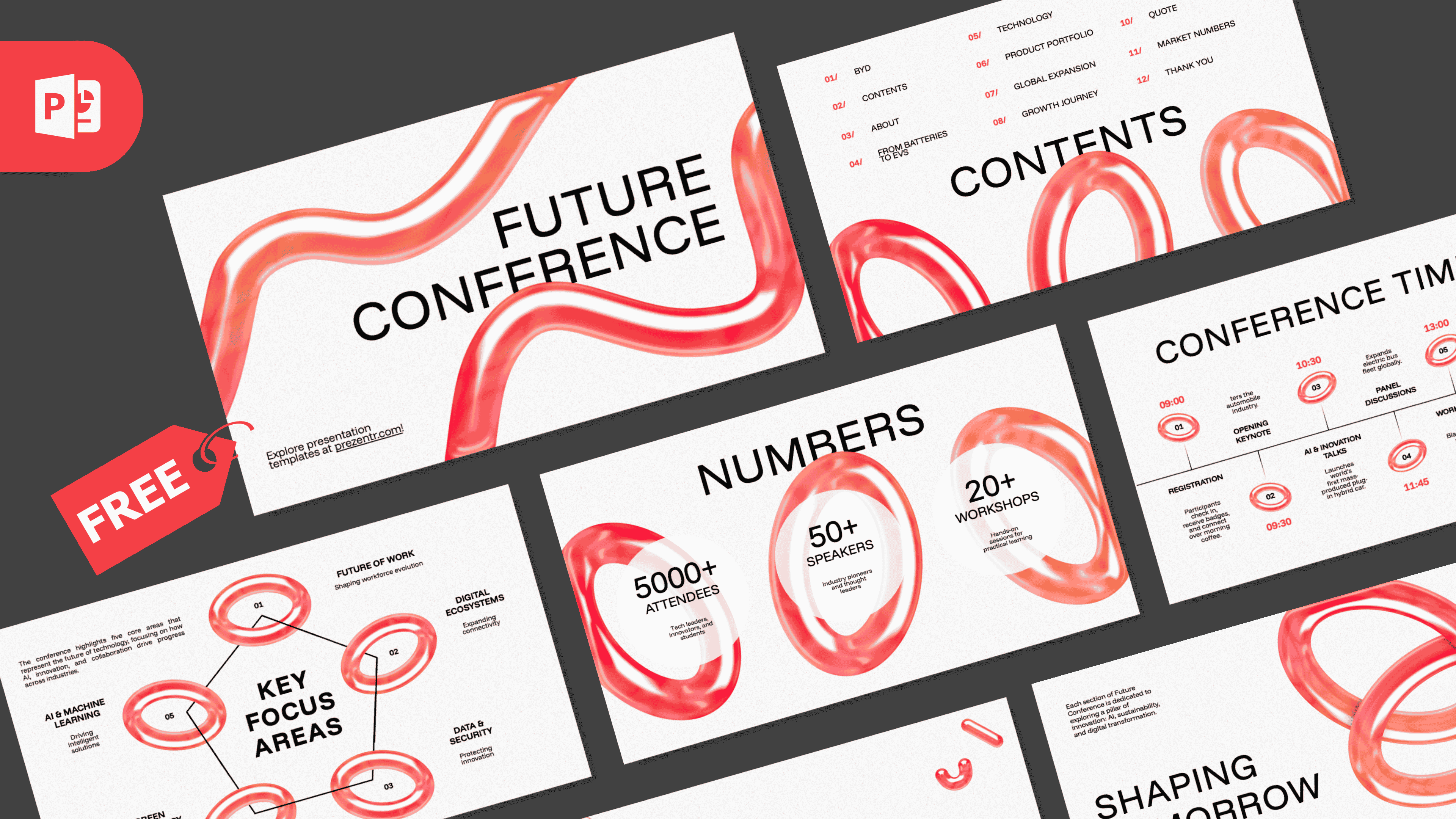 Future Conference PowerPoint Template cover slide with red flowing ribbon design, bold typography, and clean white layout