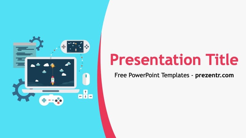 Game Development PowerPoint template cover slide with gaming icons and blue-to-white curved layout