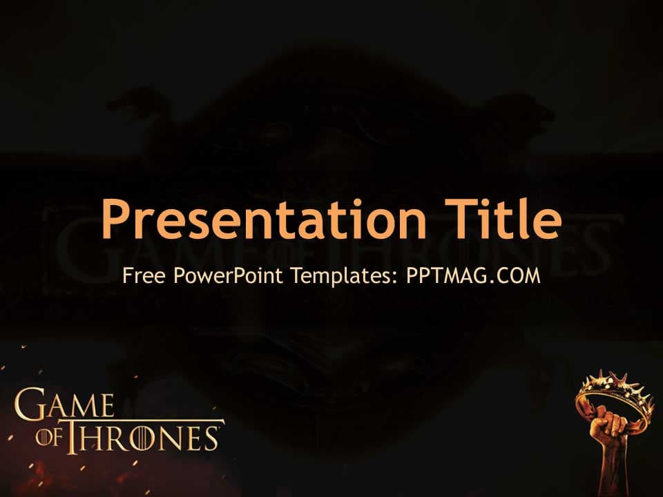 Game of Thrones PowerPoint template cover slide with dark background, gold text, and iron throne imagery