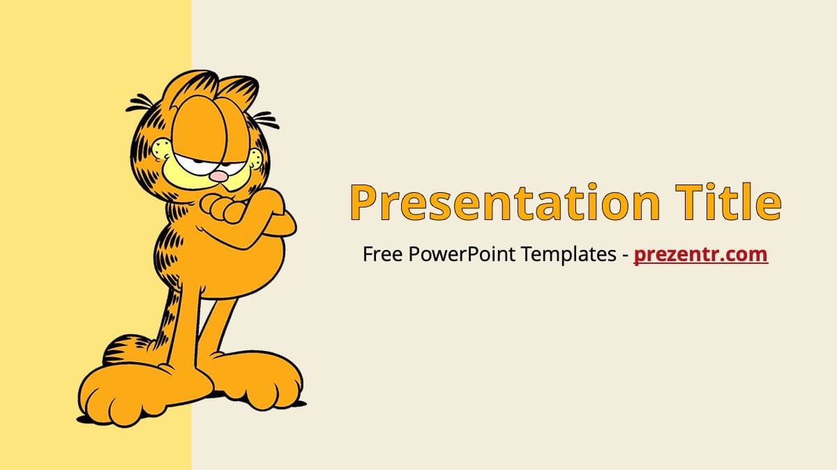 Garfield PowerPoint Template cover slide with orange cartoon cat, yellow and beige background