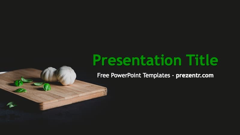 Garlic PowerPoint Template cover slide with garlic and cutting board on dark background