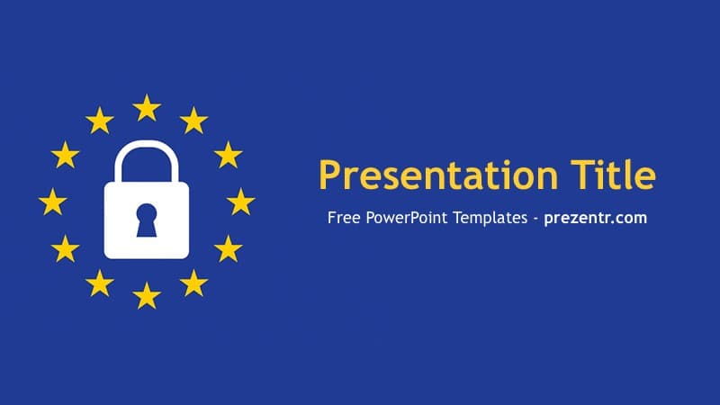 GDPR PowerPoint Template cover slide with blue background, white padlock icon, and golden stars