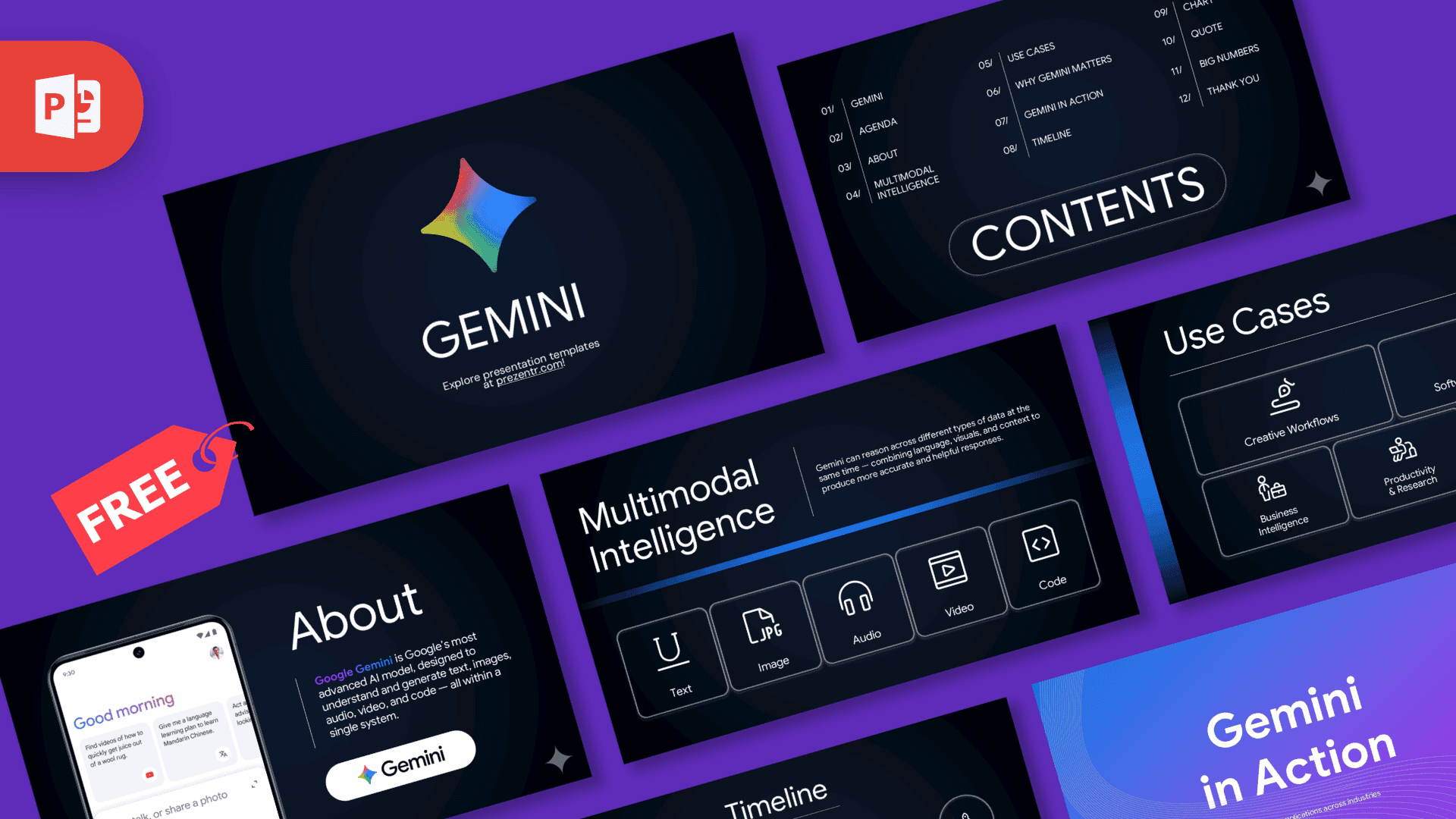 Gemini PowerPoint template cover slide with colorful gradient star icon and purple background