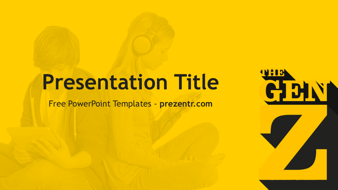 Generation Z PowerPoint template cover slide with yellow background, black geometric shapes, and silhouetted figures