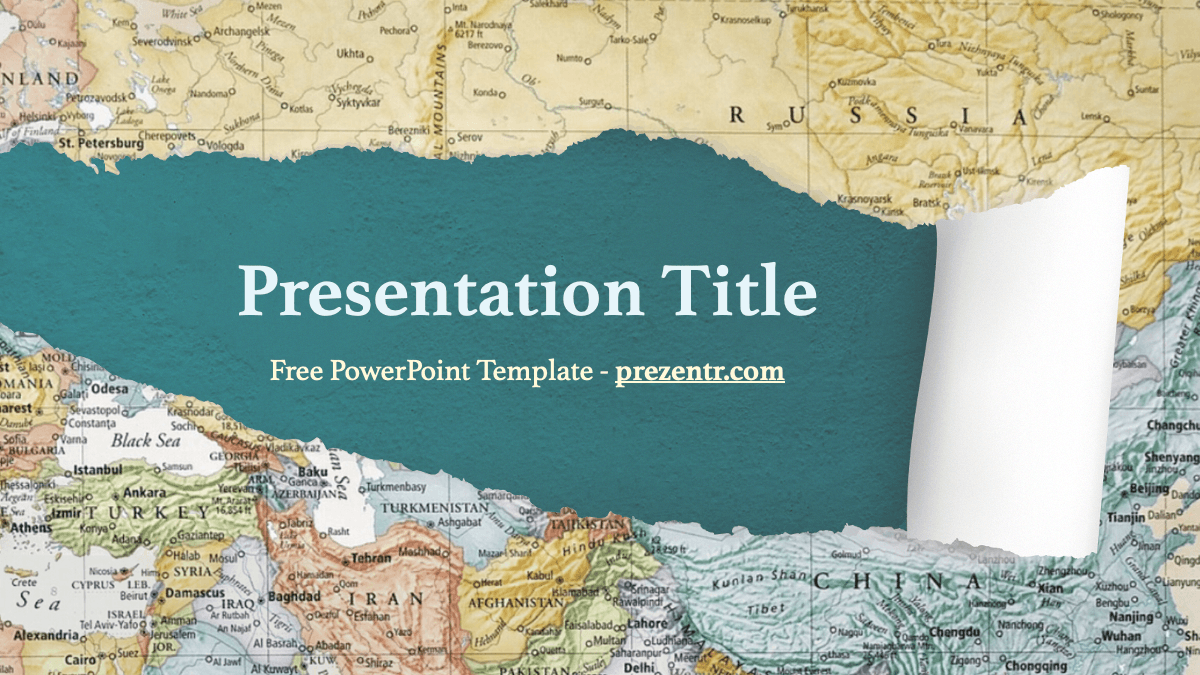 Geography Lesson PowerPoint template cover slide featuring vintage world map with teal overlay and white text box