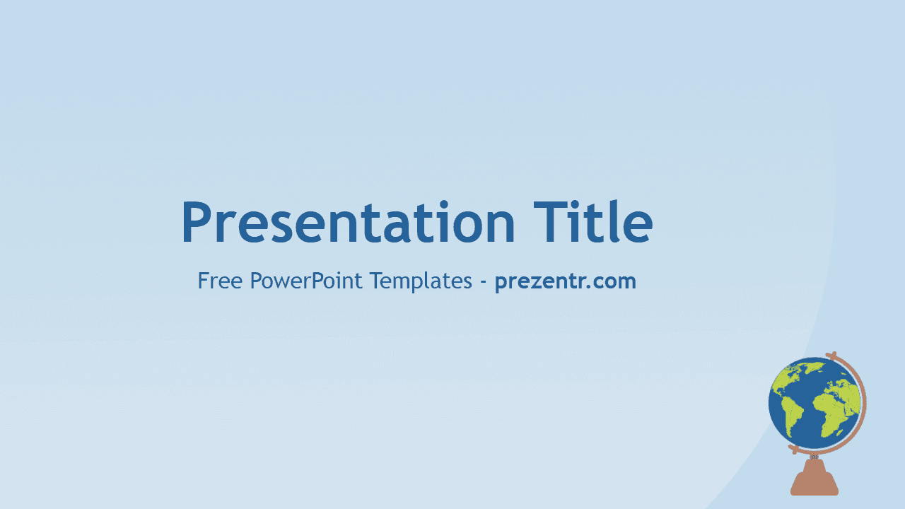 Light blue Geography PowerPoint template cover slide with centered title text and globe icon in bottom right corner