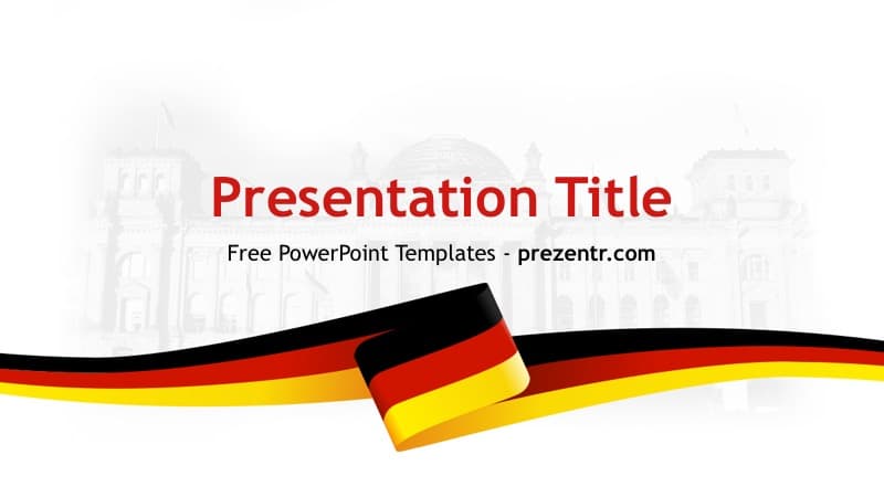 Germany PowerPoint Template cover slide with black, red, and gold ribbon design and faded castle background