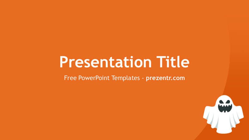 Orange Halloween-themed PowerPoint template cover slide with white ghost graphic and "Presentation Title" text centered