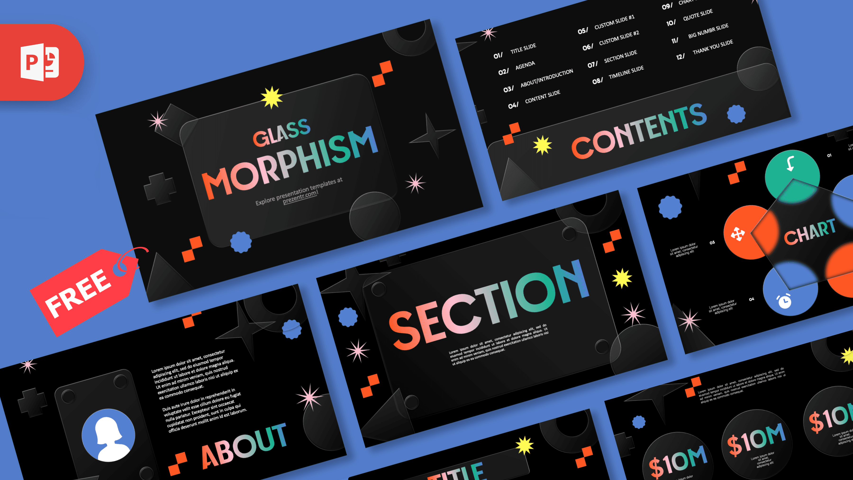 Glassmorphism PowerPoint template cover with dark background, neon orange and teal text, geometric shapes